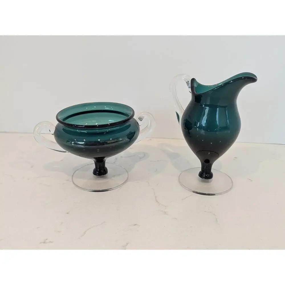 Vtg MCM Rich Teal Art Glass Sugar Creamer Set Hand Blown Green Clear Accents